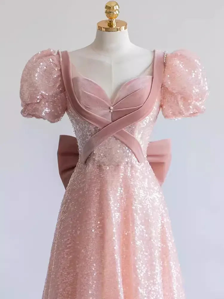 Dazzling A-line V-Neck Short-Sleeve Sequin Blush Maxi Prom Dress for Women Custom
