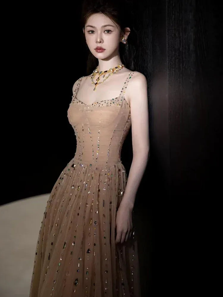 Dazzling Ballgown Sweetheart Spaghetti-Strap Sequin-Tulle Champagne Maxi Evening Dress for Women