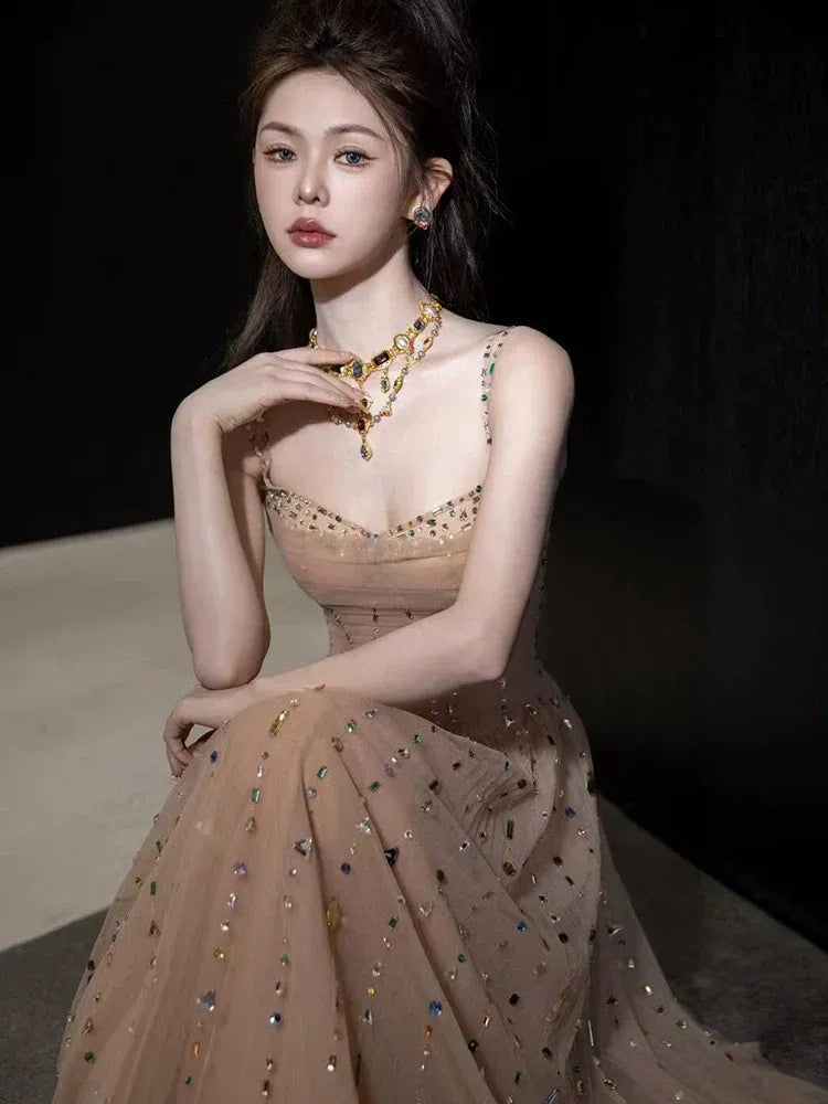 Dazzling Ballgown Sweetheart Spaghetti-Strap Sequin-Tulle Champagne Maxi Evening Dress for Women