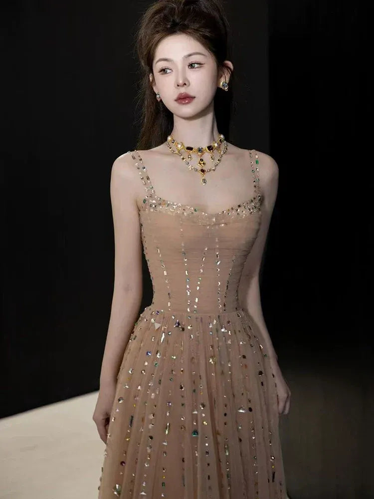 Dazzling Ballgown Sweetheart Spaghetti-Strap Sequin-Tulle Champagne Maxi Evening Dress for Women