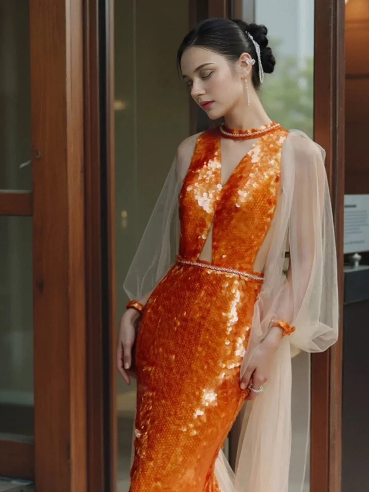 Dazzling Mermaid Halter-Neck Sheer-Sleeve Sequin-Accented Orange Maxi Prom Dress for Women Custom