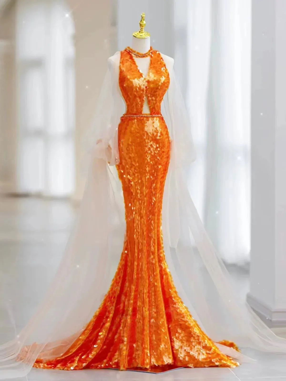 Dazzling Mermaid Halter-Neck Sheer-Sleeve Sequin-Accented Orange Maxi Prom Dress for Women Custom
