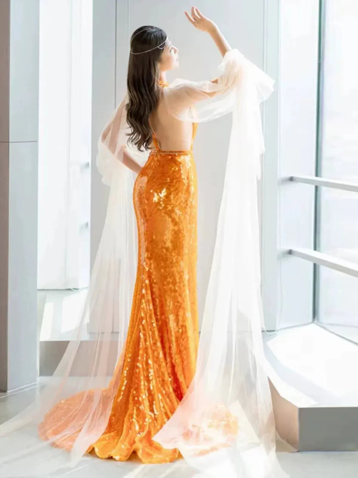 Dazzling Mermaid Halter-Neck Sheer-Sleeve Sequin-Accented Orange Maxi Prom Dress for Women Custom
