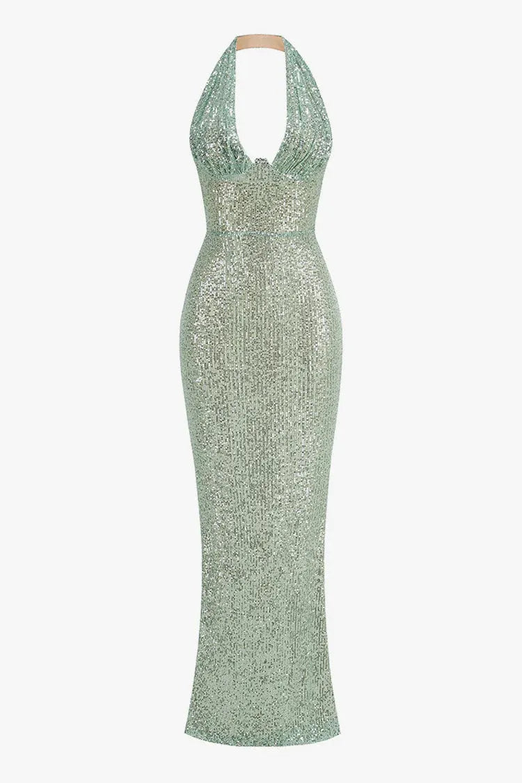 Dazzling Mermaid Halter-Neck Sleeveless Sequin Sage Green Maxi Evening Dress for Women