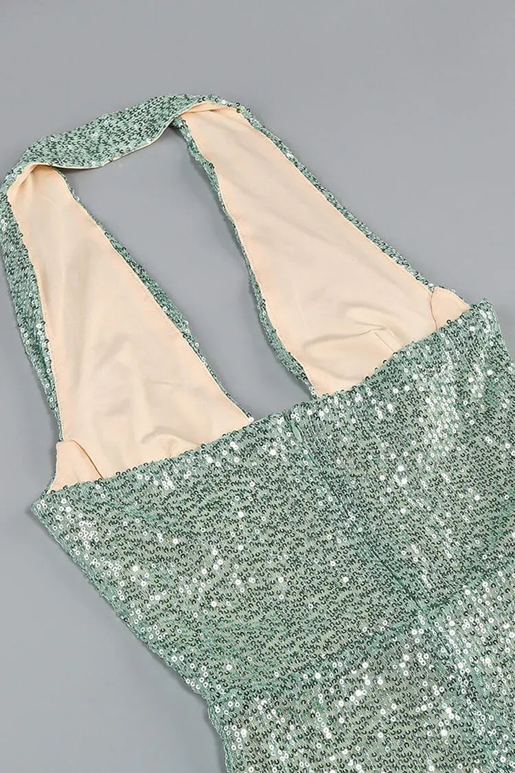 Dazzling Mermaid Halter-Neck Sleeveless Sequin Sage Green Maxi Evening Dress for Women