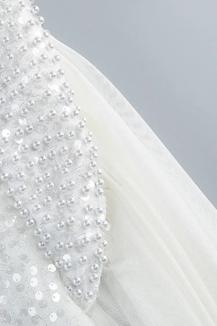 Dazzling Mermaid Mock-Neck Long-Sleeve Sequin White Long Prom Dress for Women Ready to Ship