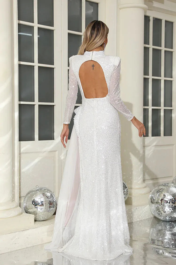 Dazzling Mermaid Mock-Neck Long-Sleeve Sequin White Long Prom Dress for Women Ready to Ship