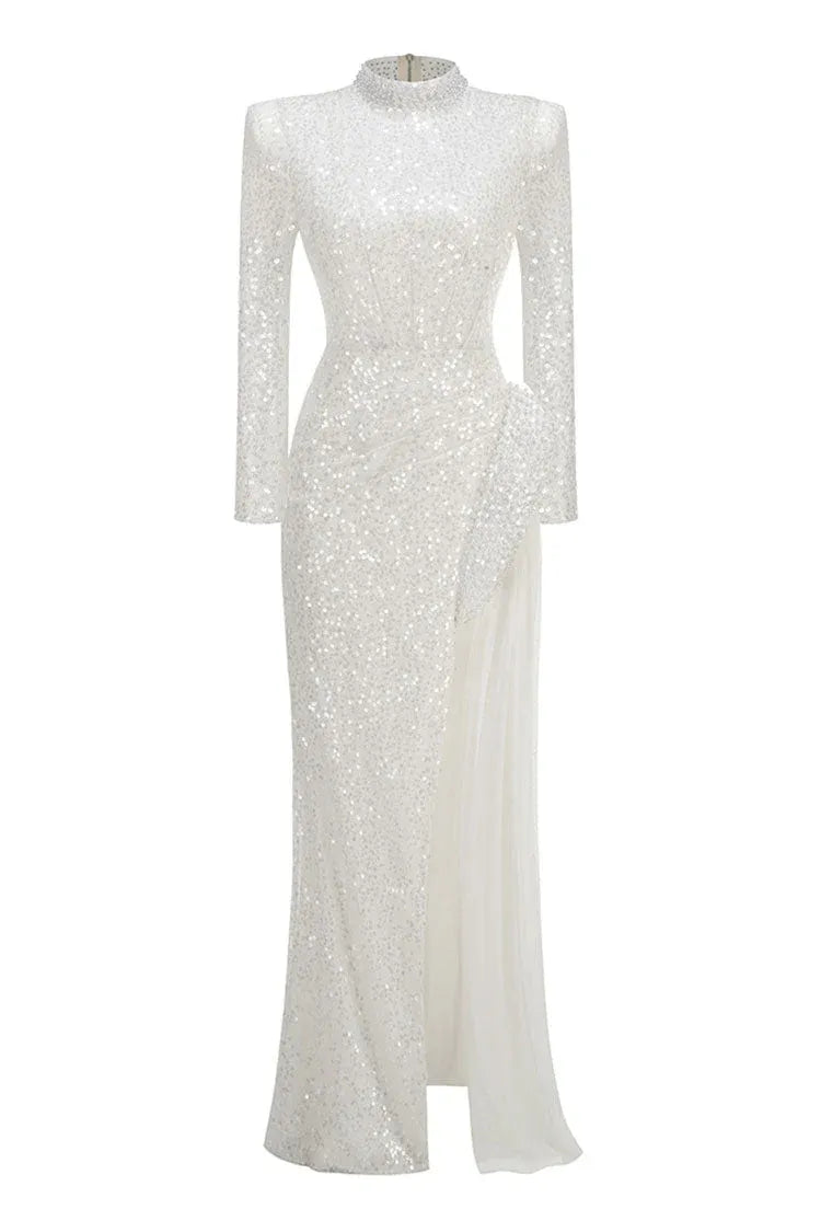 Dazzling Mermaid Mock-Neck Long-Sleeve Sequin White Long Prom Dress for Women Ready to Ship