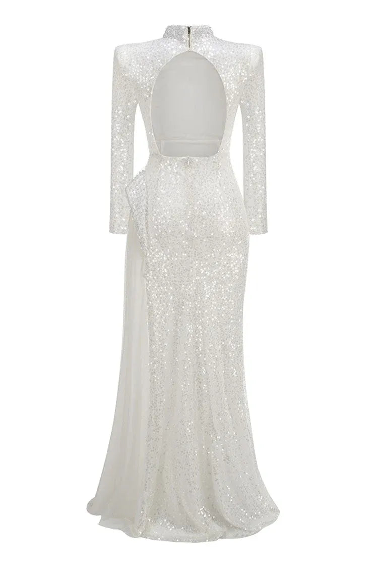 Dazzling Mermaid Mock-Neck Long-Sleeve Sequin White Long Prom Dress for Women Ready to Ship