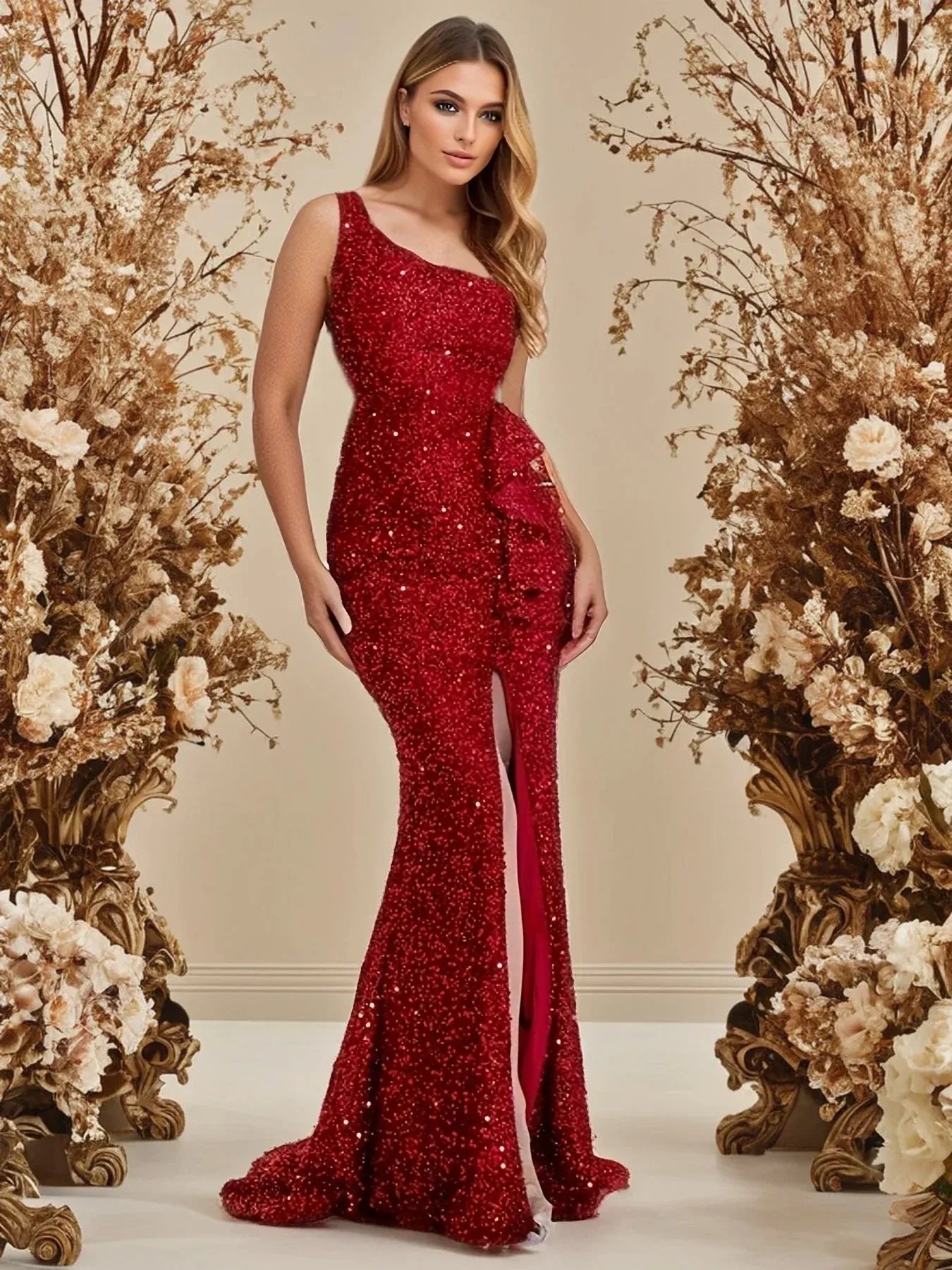 Dazzling Mermaid One-Shoulder Sleeveless Lace-Up Sequin Red Maxi Evening Dress for Women