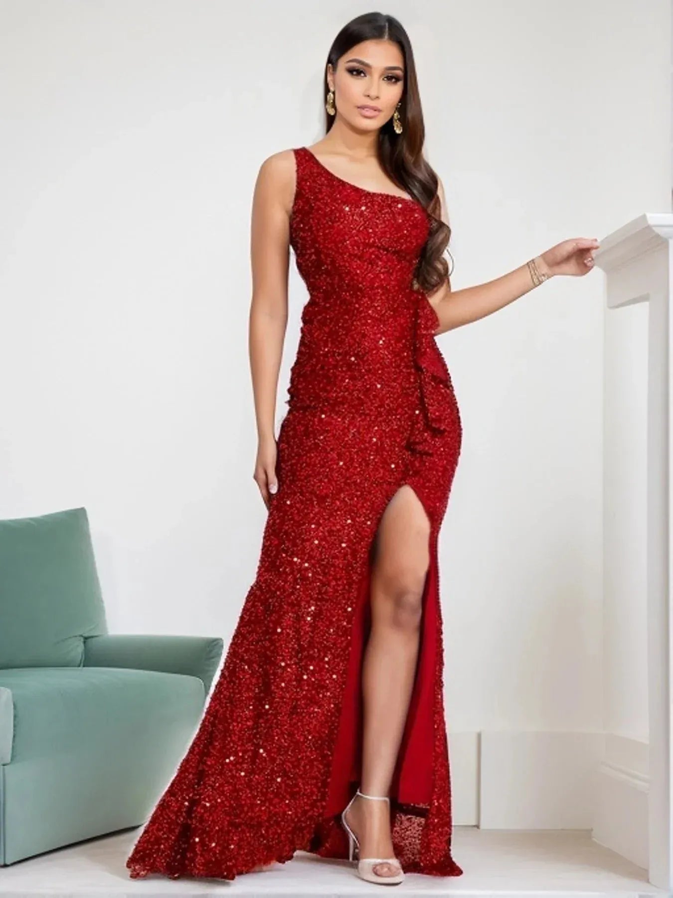 Dazzling Mermaid One-Shoulder Sleeveless Lace-Up Sequin Red Maxi Evening Dress for Women