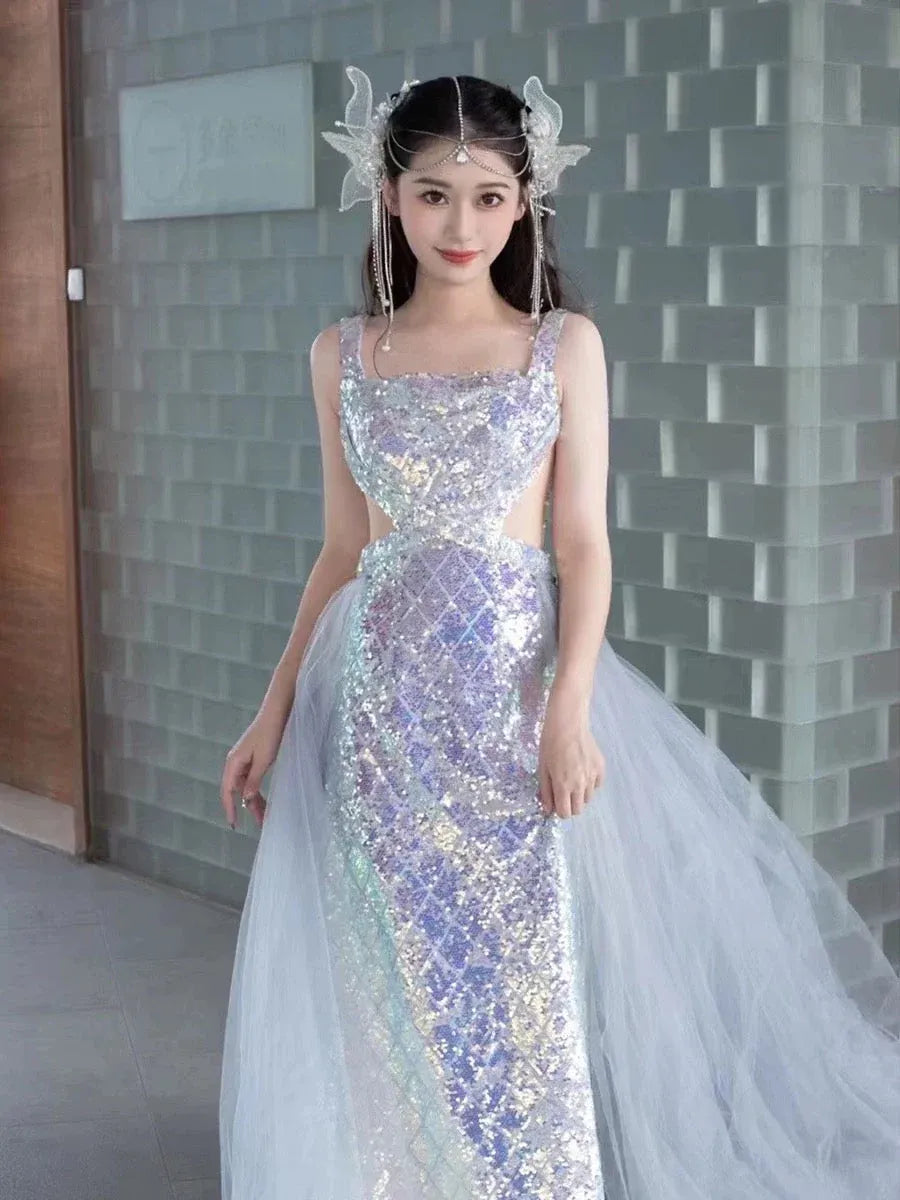 Dazzling Mermaid Square-Neck Sleeveless Iridescent-Sequin Lavender Long Prom Dress for Women Ready to Ship