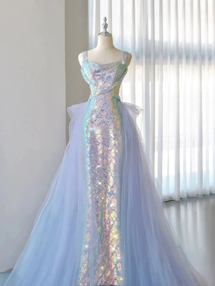 Dazzling Mermaid Square-Neck Sleeveless Iridescent-Sequin Lavender Long Prom Dress for Women Ready to Ship
