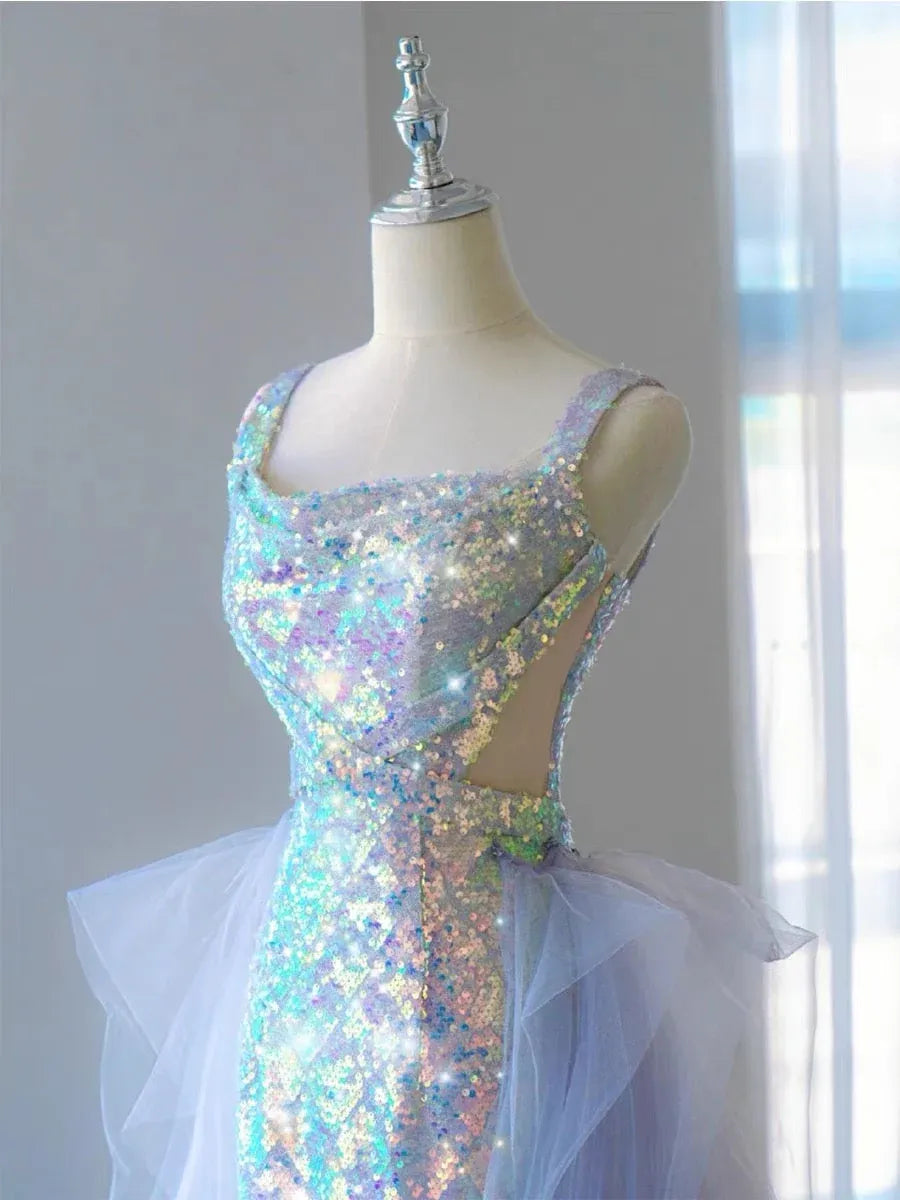 Dazzling Mermaid Square-Neck Sleeveless Iridescent-Sequin Lavender Long Prom Dress for Women Ready to Ship