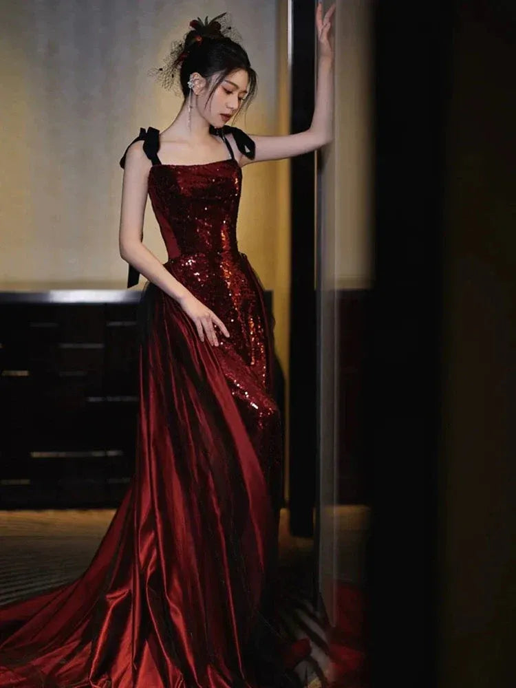 Dazzling Mermaid Square-Neck Sleeveless Sequin-Accented Burgundy Maxi Prom Dress for Women Custom