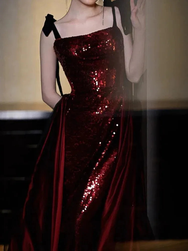Dazzling Mermaid Square-Neck Sleeveless Sequin-Accented Burgundy Maxi Prom Dress for Women Custom