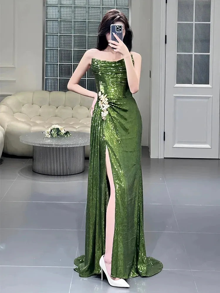 Dazzling Mermaid Strapless Lace-Up Sequin Emerald Maxi Evening Dress for Women