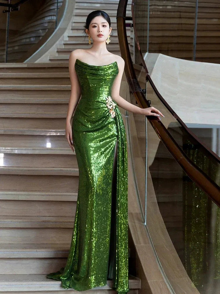Dazzling Mermaid Strapless Lace-Up Sequin Emerald Maxi Evening Dress for Women