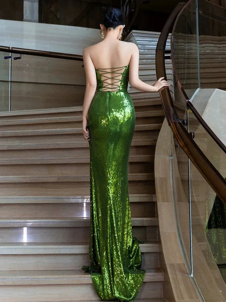 Dazzling Mermaid Strapless Lace-Up Sequin Emerald Maxi Evening Dress for Women