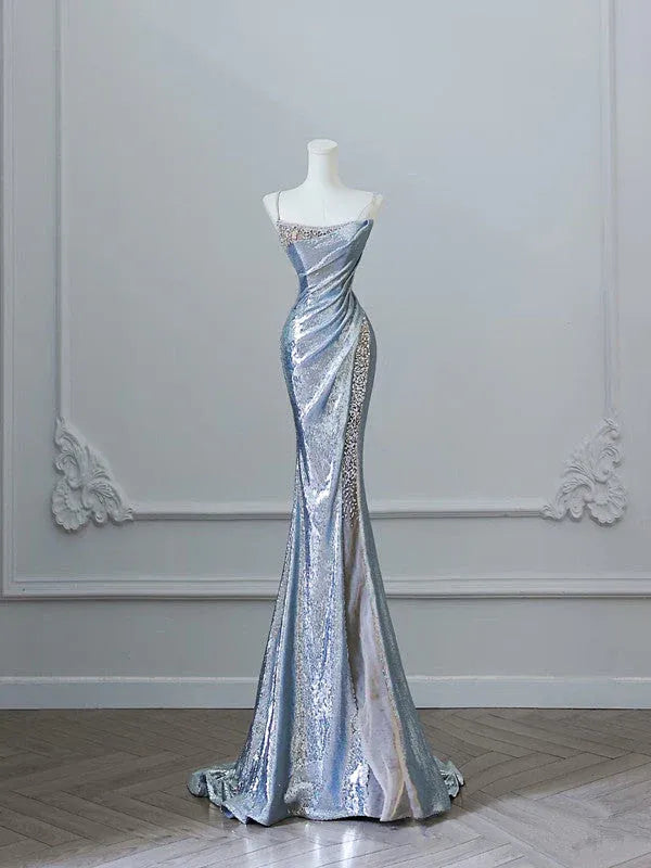 Dazzling Mermaid Strapless Sleeveless Sequin-Accented Ice Blue Maxi Prom Dress for Women for sale