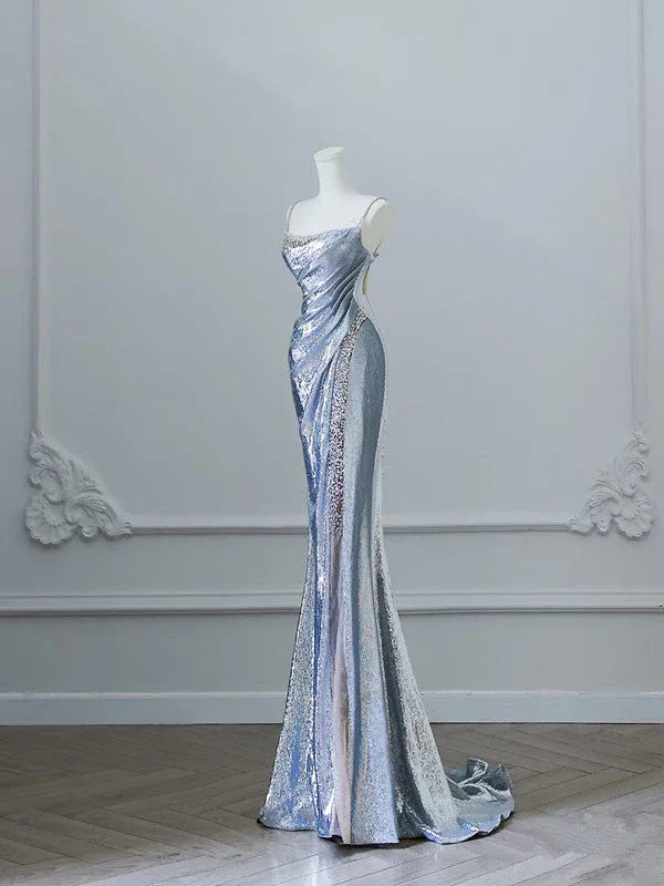 Dazzling Mermaid Strapless Sleeveless Sequin-Accented Ice Blue Maxi Prom Dress for Women for sale