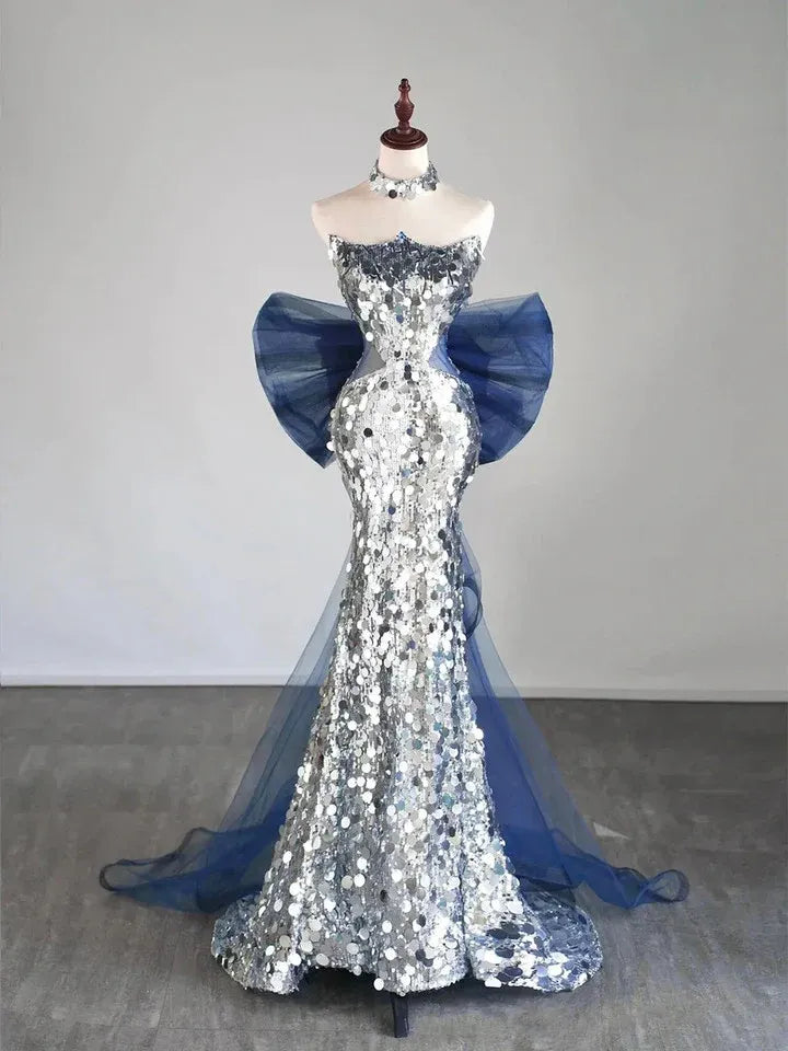 Dazzling Mermaid Sweetheart Neck Sleeveless Sequin Silver Maxi Prom Dress for Women Custom