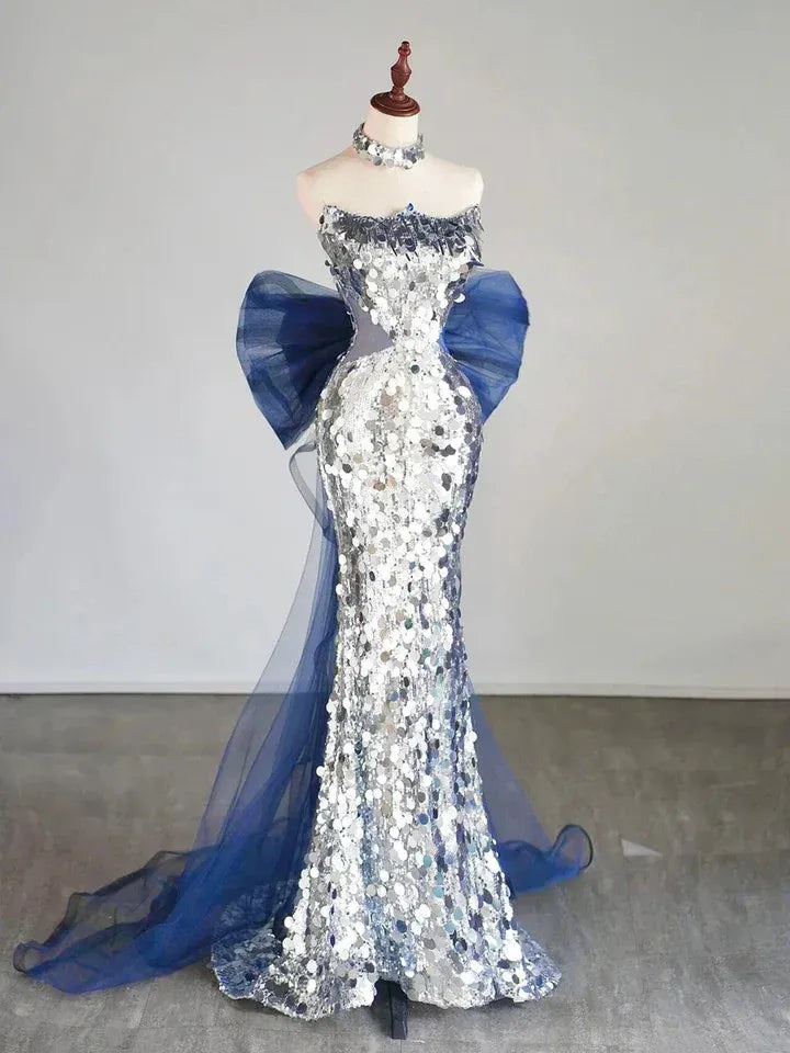 Dazzling Mermaid Sweetheart Neck Sleeveless Sequin Silver Maxi Prom Dress for Women Custom