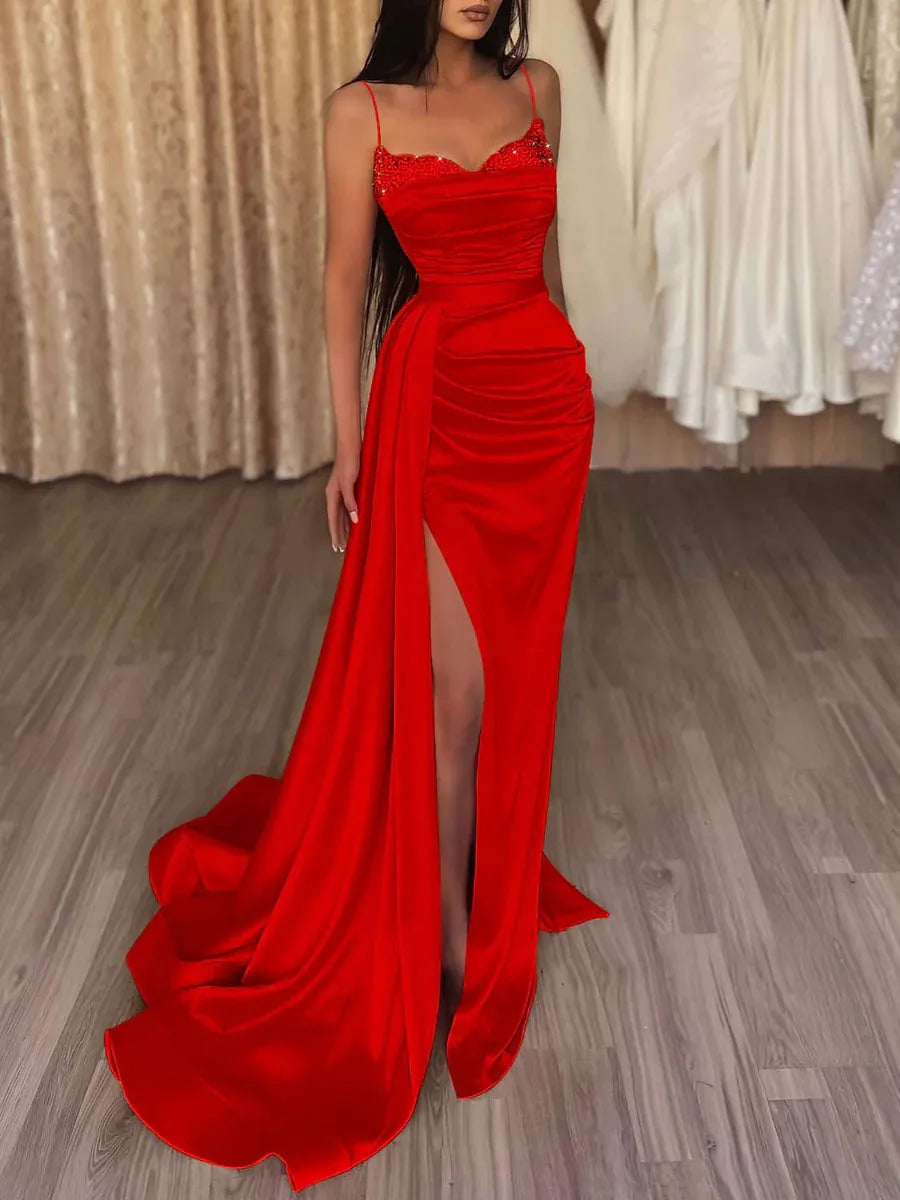 Dazzling Satin Train Evening Dress Red Sweetheart Spaghetti Straps for Women