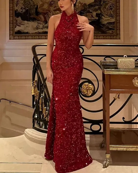 Dazzling Sequin Floor-Length Evening Dress Red Halter Sleeveless for Women