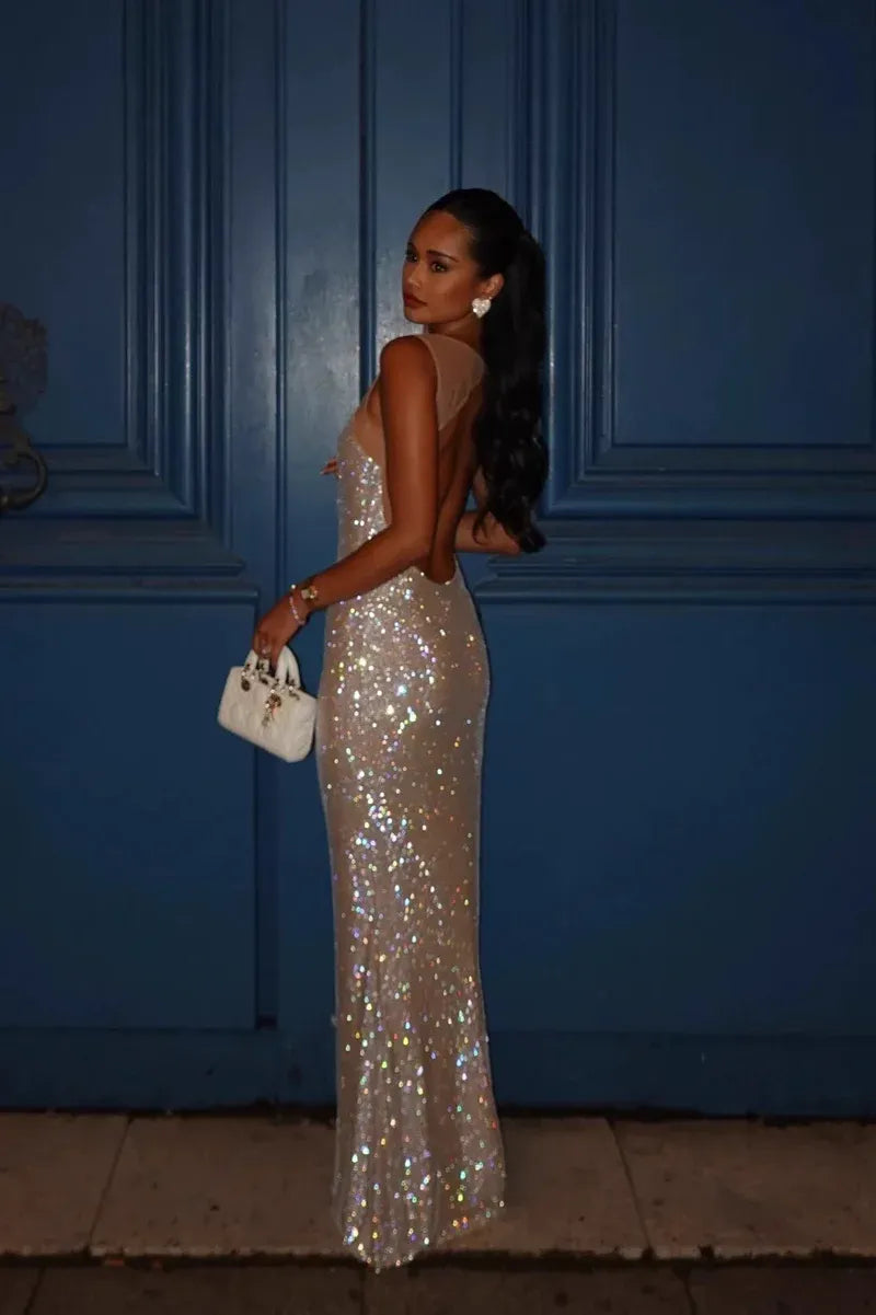Dazzling Sequin Long Evening Dress Champagne Sweetheart Sleeveless Party Gown for Women