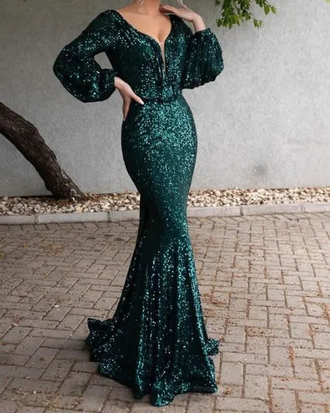 Dazzling Sequin Long Evening Dress Emerald V-Neck Puff-Sleeve Party Gown for Women