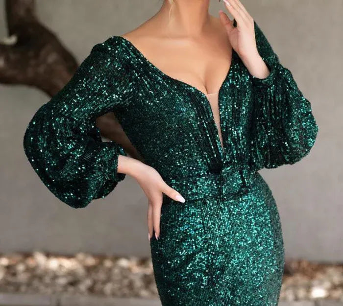 Dazzling Sequin Long Evening Dress Emerald V-Neck Puff-Sleeve Party Gown for Women