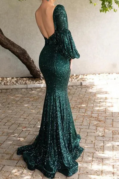 Dazzling Sequin Long Evening Dress Emerald V-Neck Puff-Sleeve Party Gown for Women
