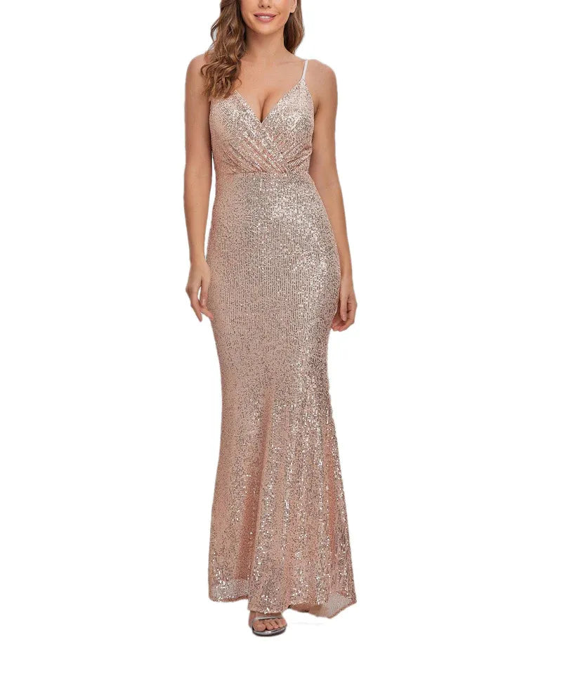 Dazzling Sequin Long Evening Dress Rose-Gold V-Neck Sleeveless Party Gown for Women