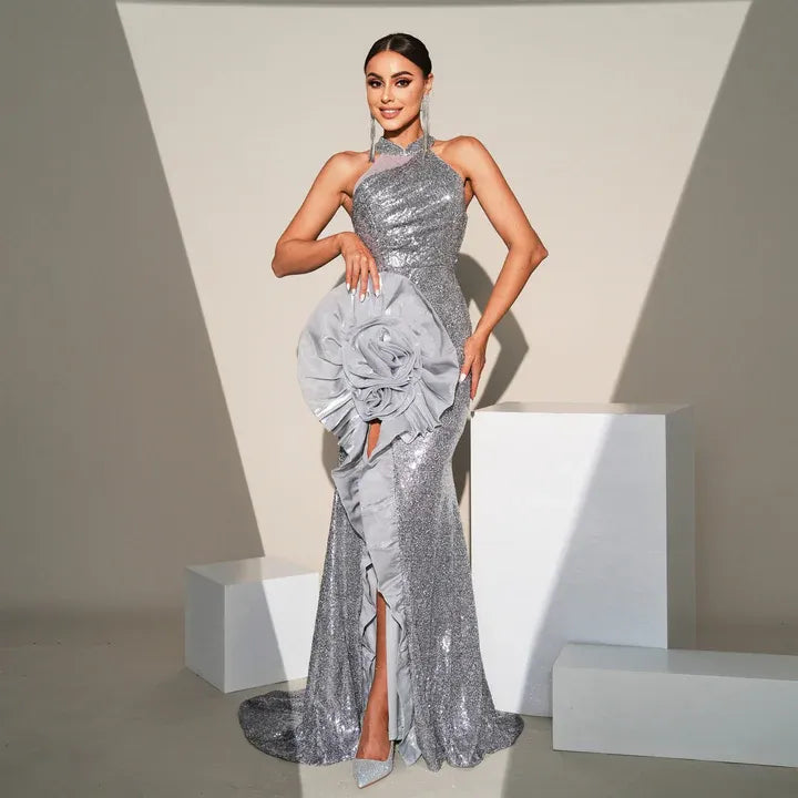 Dazzling Sequin Long Evening Dress Silver Halter Neck Floral Accent for Women