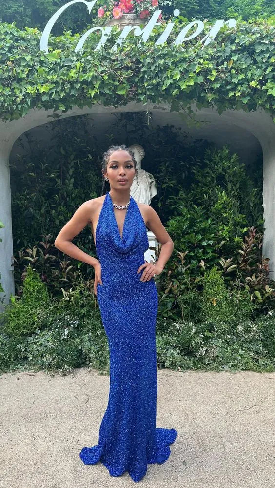 Dazzling Sequin Maxi Evening Dress Royal Blue Halter Neck Sleeveless for Women