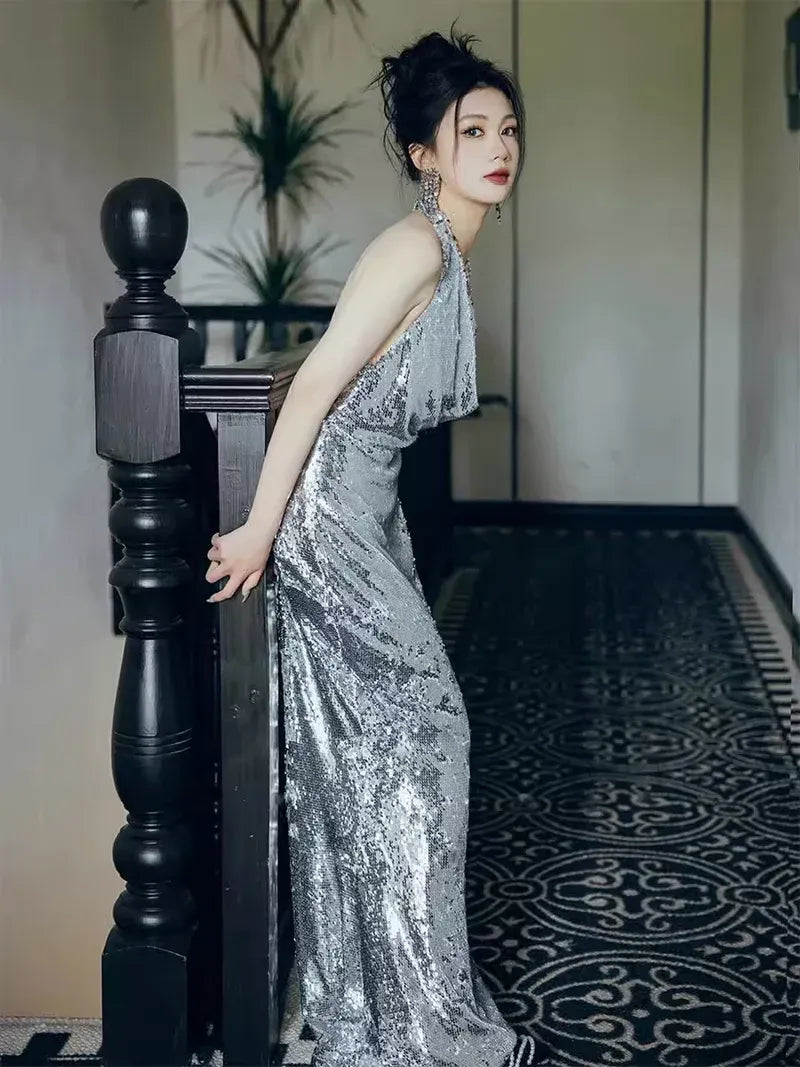 Dazzling Sequin Maxi Evening Dress Silver Halter Neck Sleeveless for Women