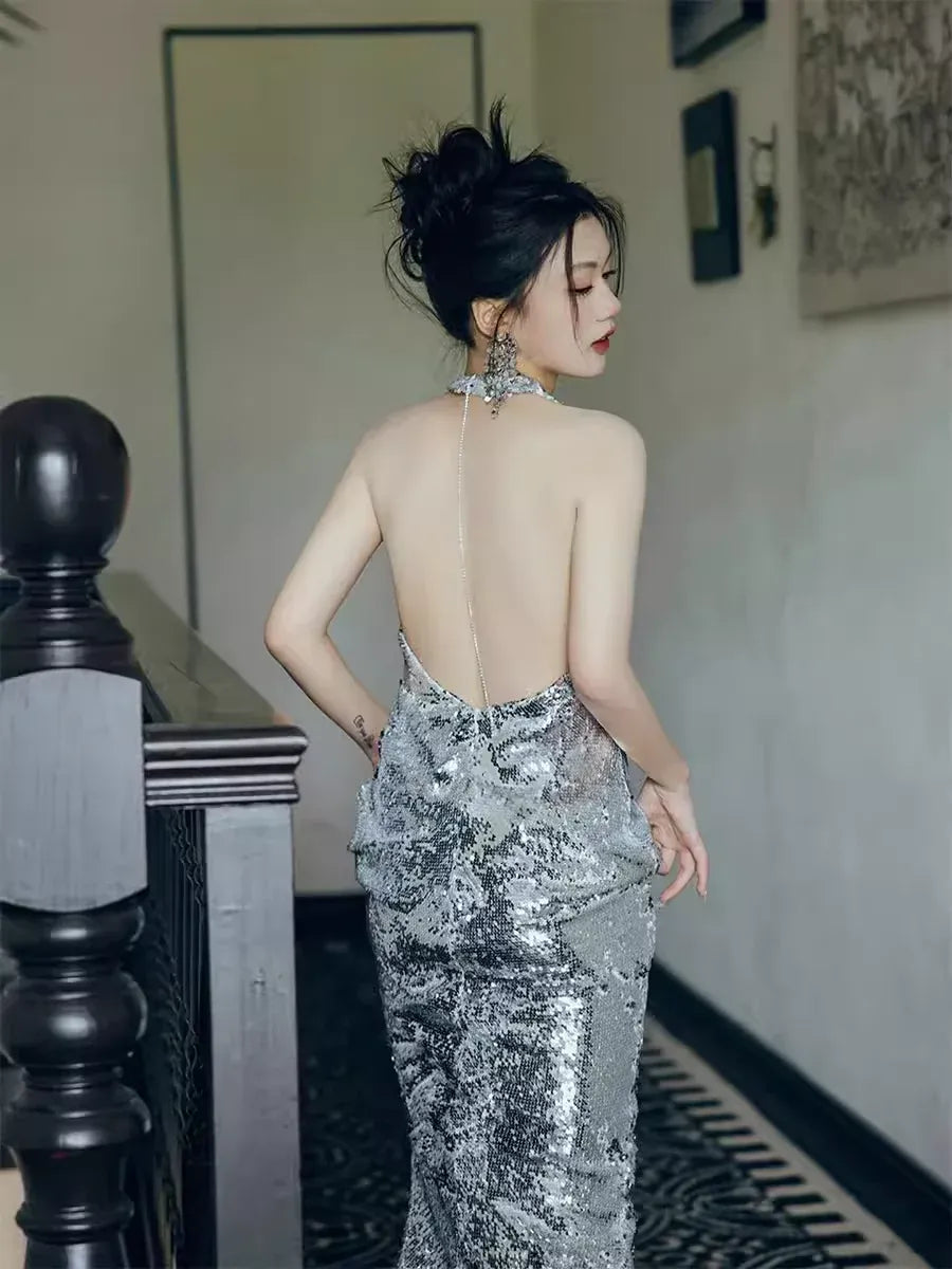 Dazzling Sequin Maxi Evening Dress Silver Halter Neck Sleeveless for Women