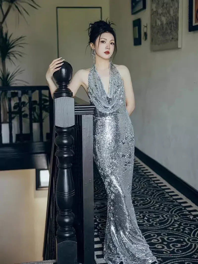 Dazzling Sequin Maxi Evening Dress Silver Halter Neck Sleeveless for Women
