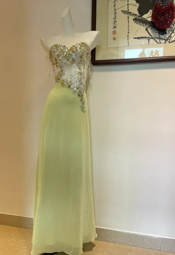 Dazzling Sheath Strapless Beaded Lime Green Long Prom Dress for Women Ready to Ship