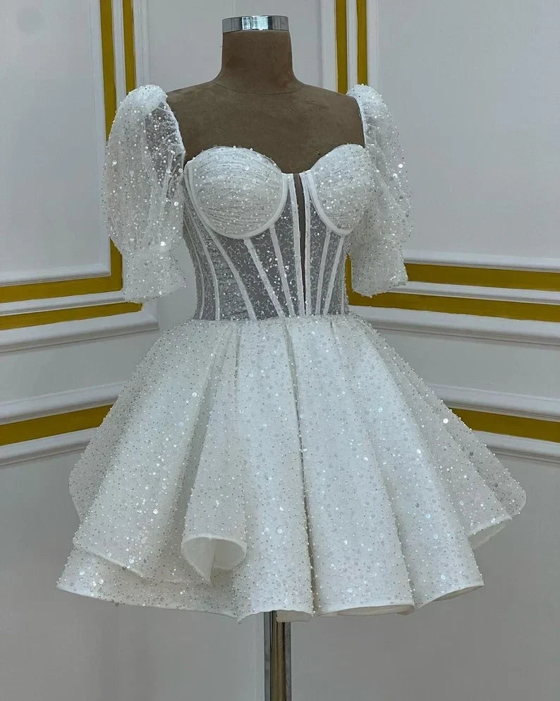 Dazzling A-Line Sweetheart Puff Sleeve Corset Sequin White Short Homecoming Dress