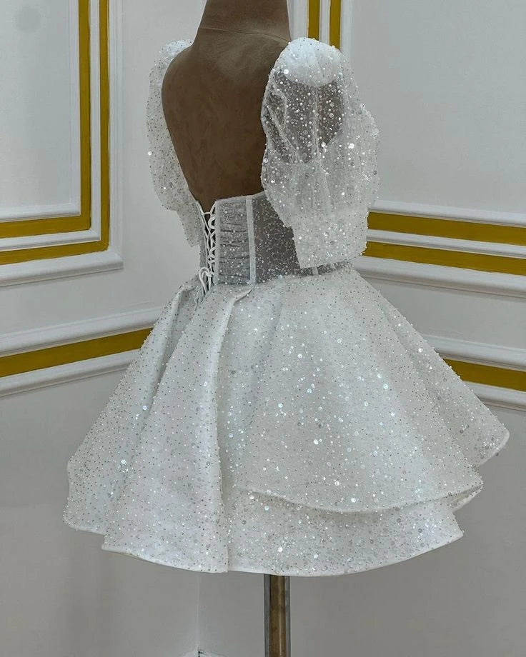 Dazzling A-Line Sweetheart Puff Sleeve Corset Sequin White Short Homecoming Dress