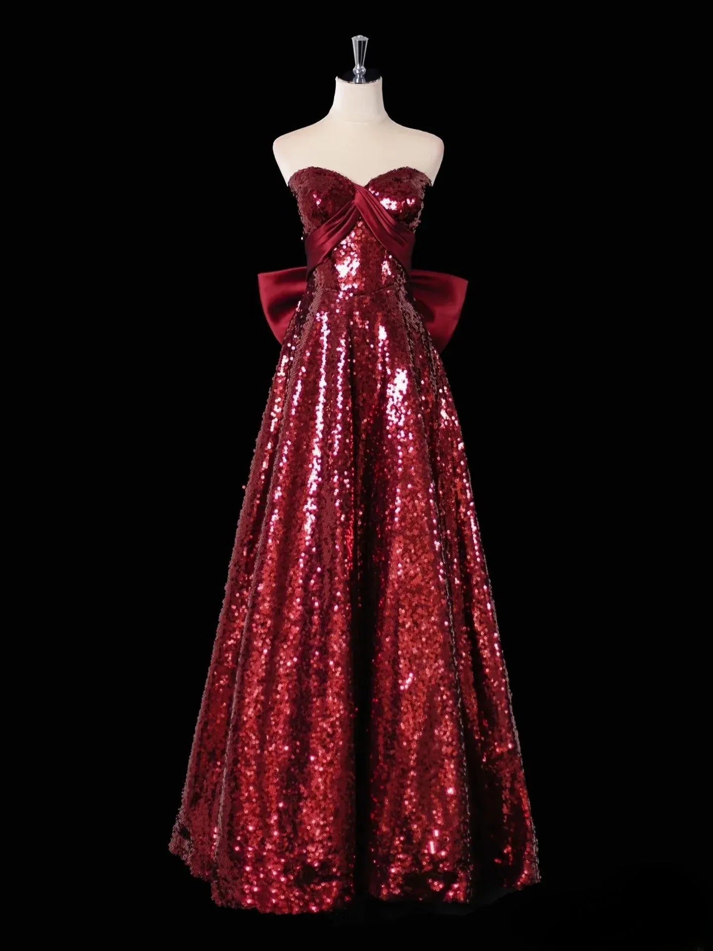 Dazzling Ballgown Sweetheart-Strap Sleeveless Sequin Burgundy Maxi Prom Dress for Women Custom
