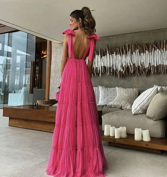 Deep V Neck Bow Backless Pink Floor Length Prom Dress Evening Dress