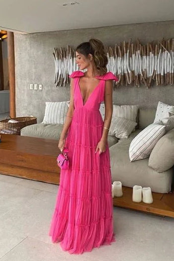 Deep V Neck Bow Backless Pink Floor Length Prom Dress Evening Dress