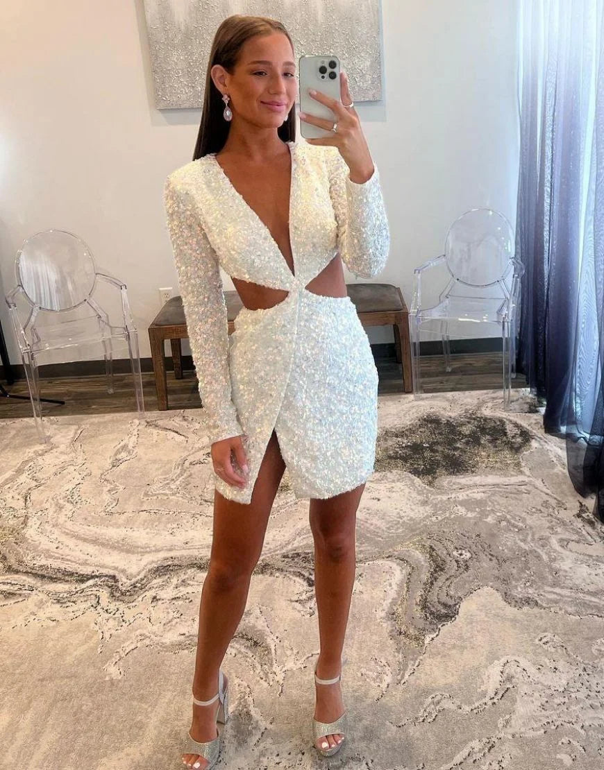Deep V Neck Long Sleeves Cutout Waist Sequin White Homecoming Dress