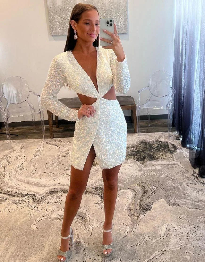 Deep V Neck Long Sleeves Cutout Waist Sequin White Homecoming Dress