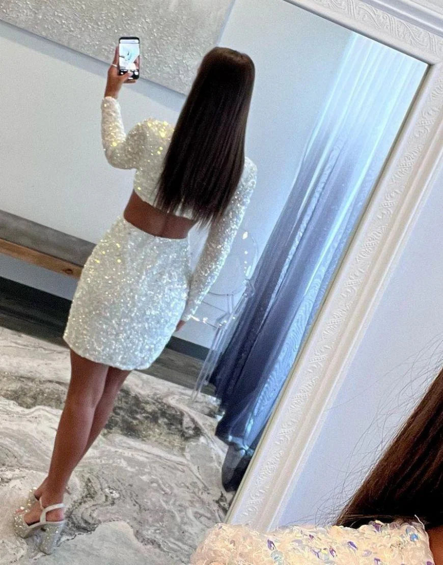 Deep V Neck Long Sleeves Cutout Waist Sequin White Homecoming Dress