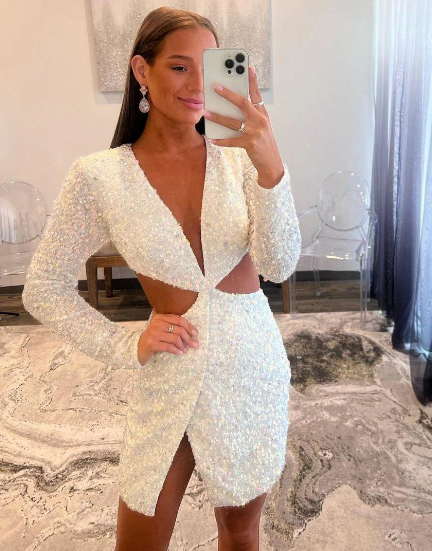 Deep V Neck Long Sleeves Cutout Waist Sequin White Homecoming Dress