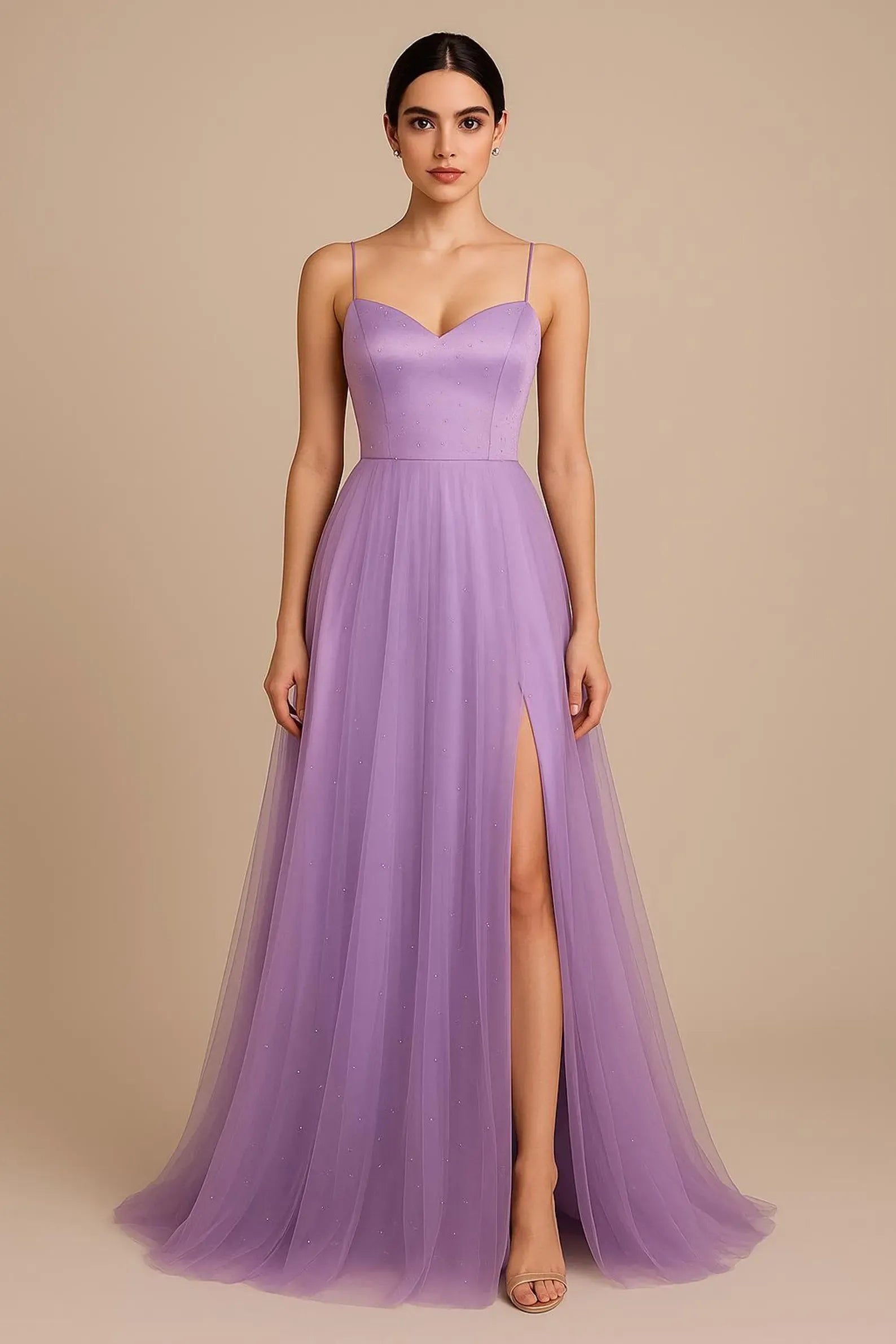 Delicate A-Line Sweetheart Spaghetti-Strap Slit Lavender Floor-Length Prom Dress
